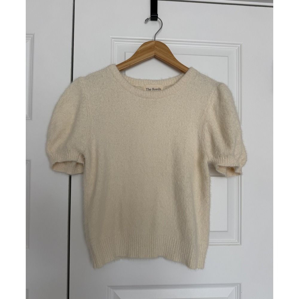 The Reeds J.Crew Women Small White Cream Fuzzy Pullover Crop Puff Sleeve Sweater